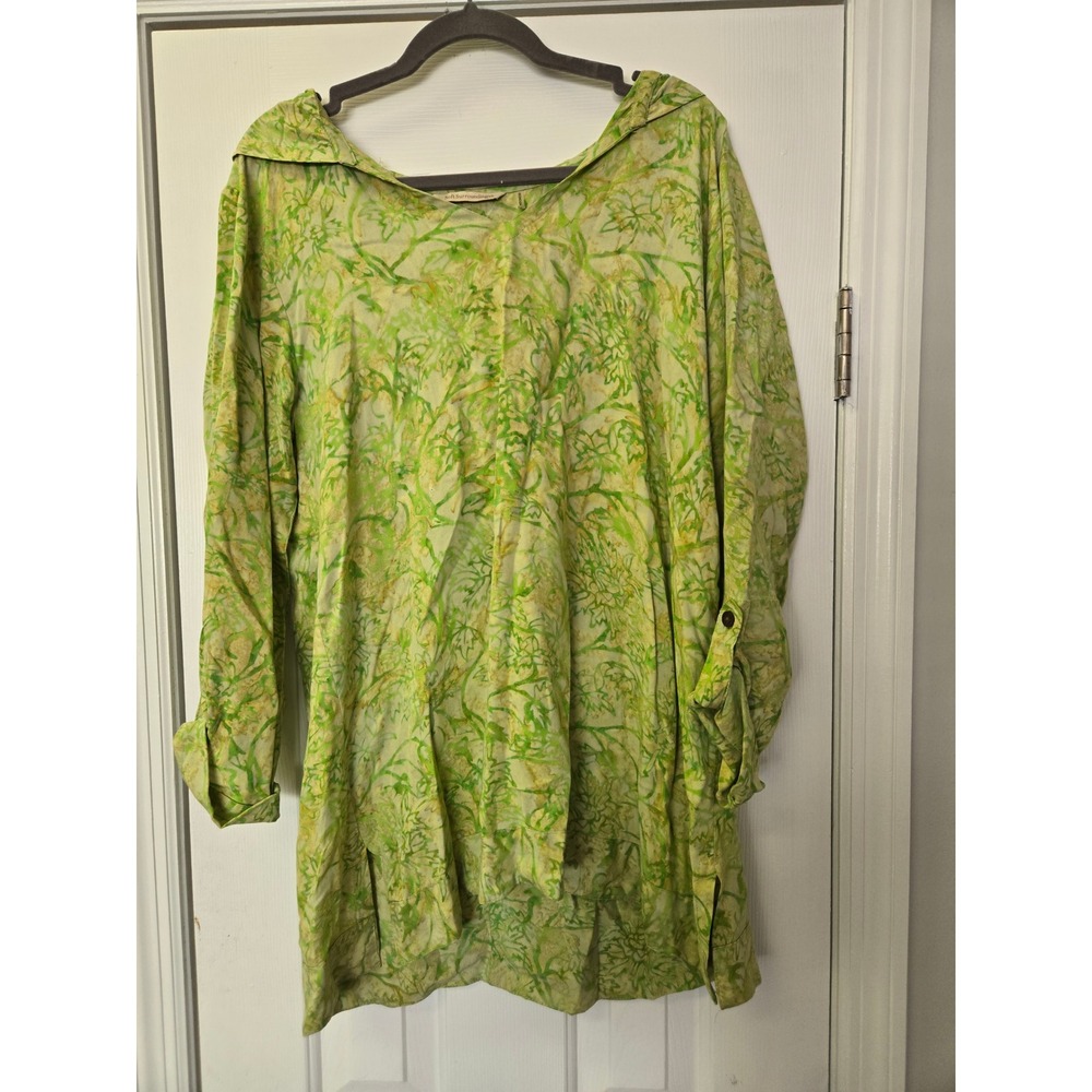 Soft Surroundings Green Floral Batik Hooded Tunic Top Roll Tab Sleeve‎ Womens S